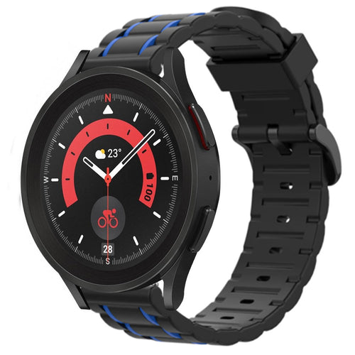 Silicone Strap 'Tough', black/blue, on a watch, 3/4 front view