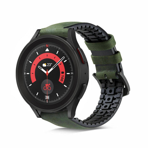 Leather Hybrid Strap, green, on a watch, 3/4 front view