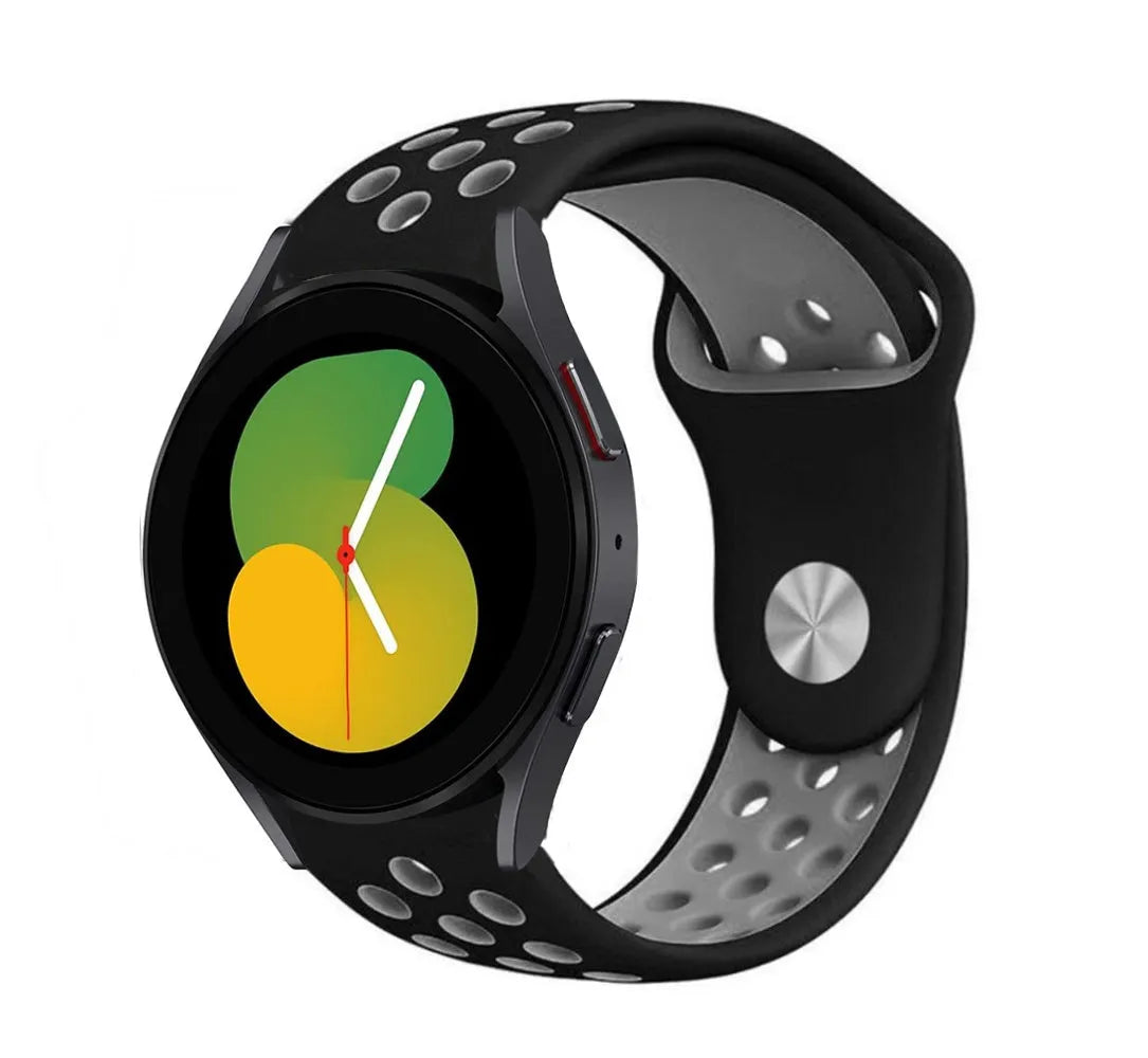 Silicone Sport Strap, black/grey, on a watch, 3/4 front view