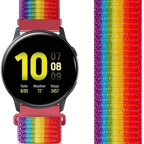Nylon Strap, rainbow, on a watch, 3/4 front view