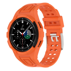 Silicone Strap with Frame, orange, on a watch, 3/4 front view