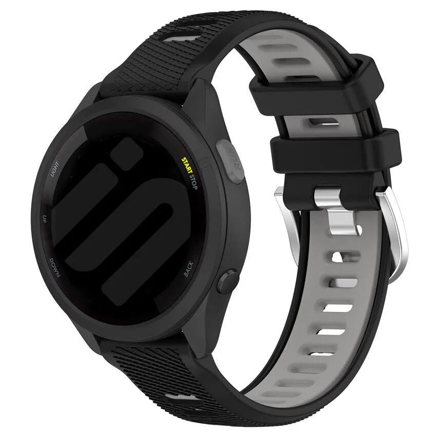 Silicone Buckled Sport Strap, black/grey, on a watch, 3/4 front view