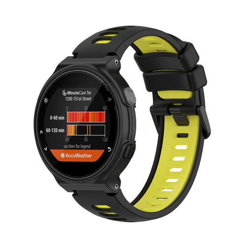 Silicone Sport Strap, black/yellow, on a watch, 3/4 front view