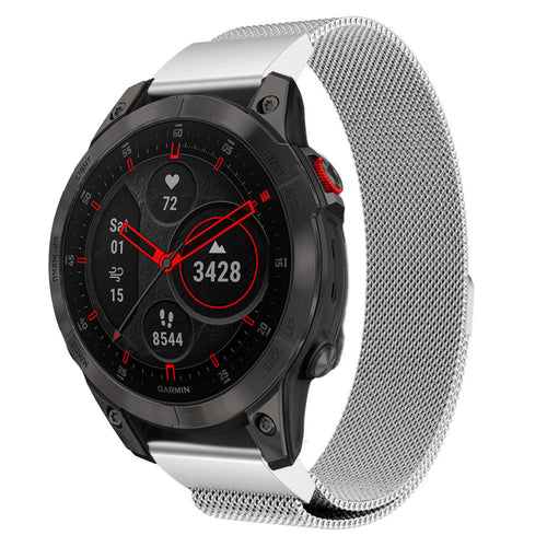 Milanese Strap, silver, on a watch, 3/4 front view