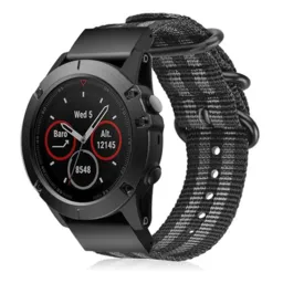 Nylon Buckle Strap, black/grey, on a watch, 3/4 front view