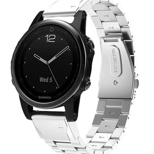 Steel Strap, silver, on a watch, 3/4 front view