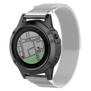 Milanese Strap, silver, on a watch, 3/4 front view