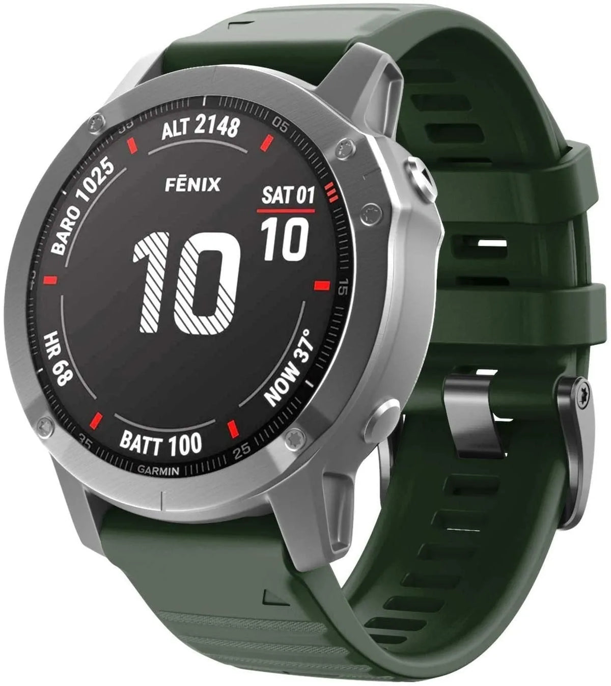 Silicone Strap, dark green, on a watch, 3/4 front view