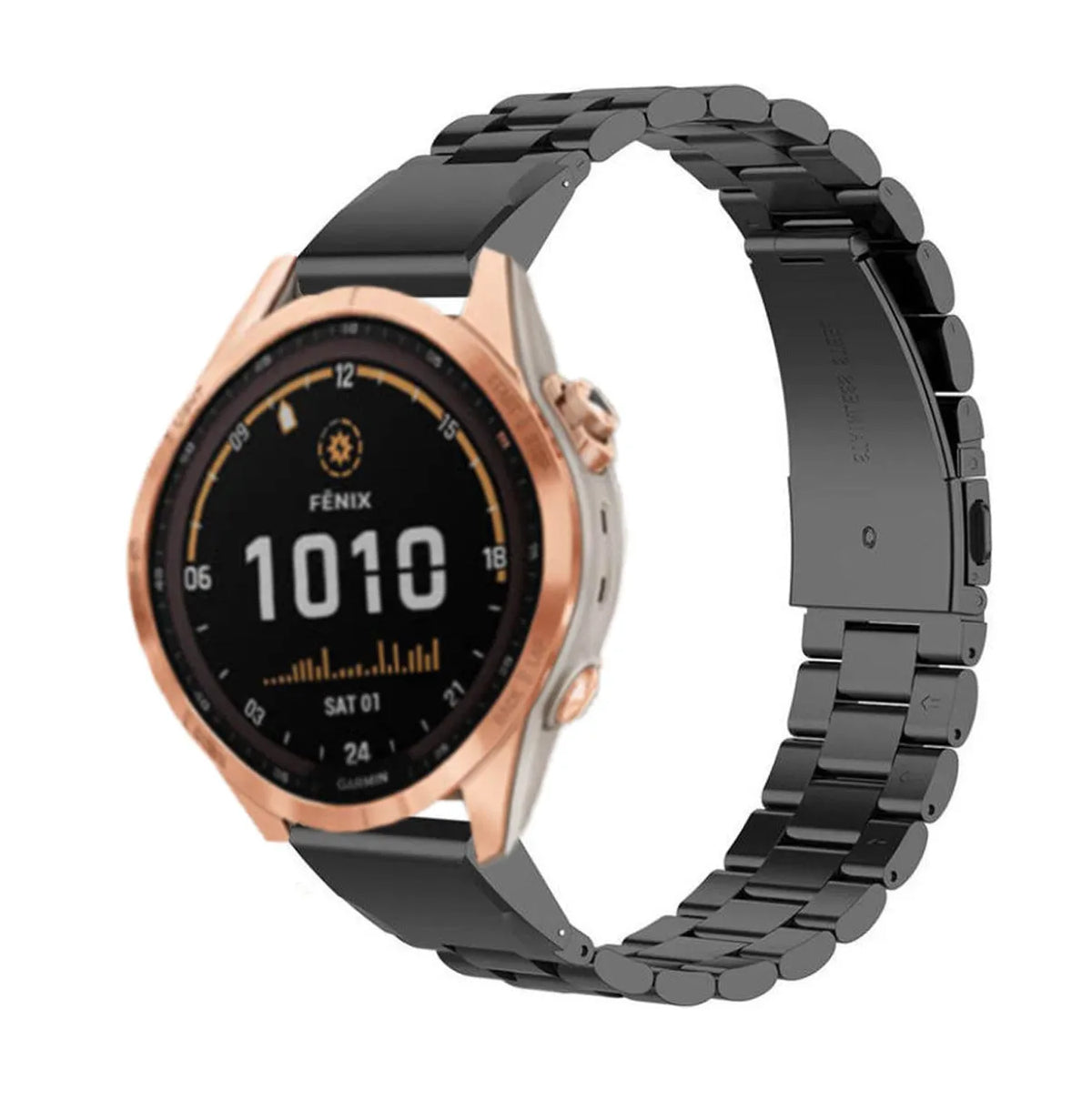 Steel Strap, black, on a watch, 3/4 front view