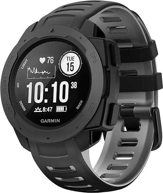 Silicone Sport Strap, black/grey, on a watch, 3/4 front view