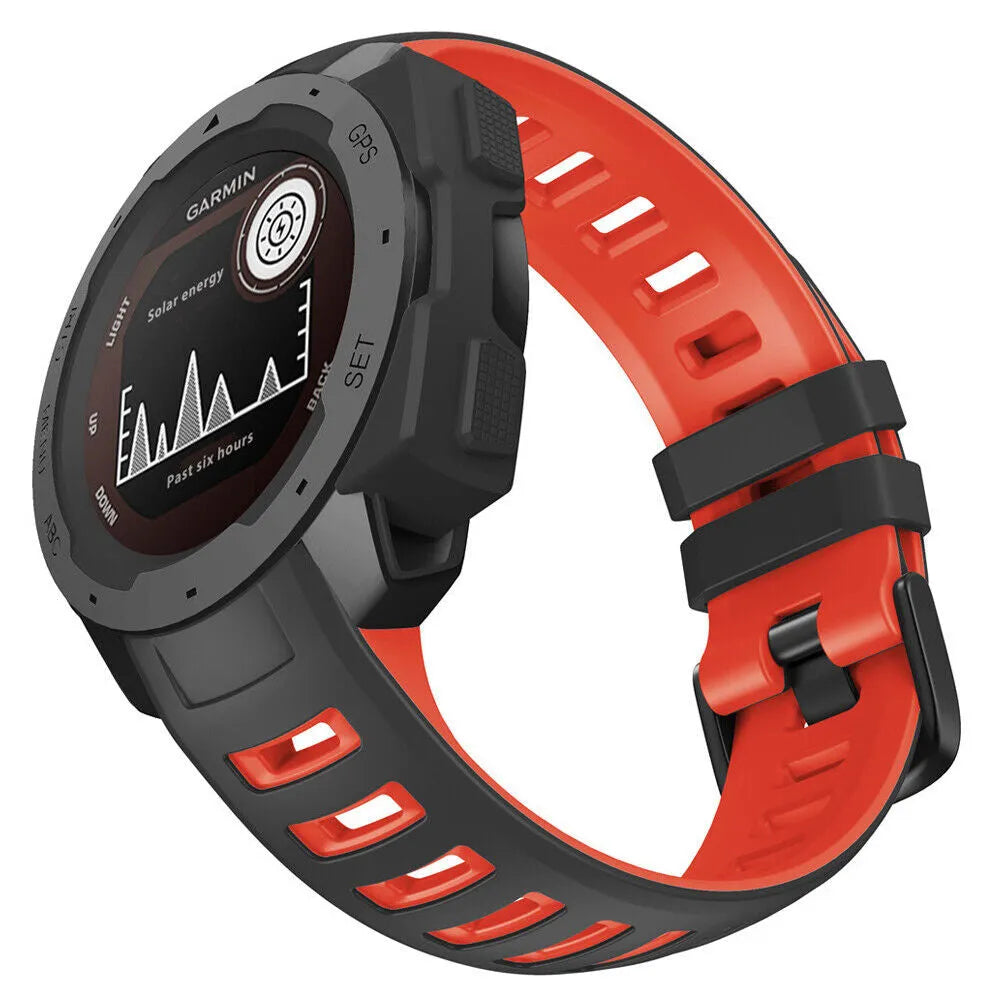 Silicone Sport Strap, black/red, on a watch, 3/4 front view