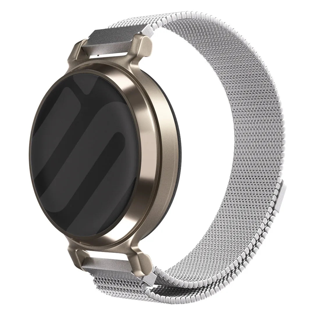 Milanese Strap, silver, on a watch, 3/4 front view