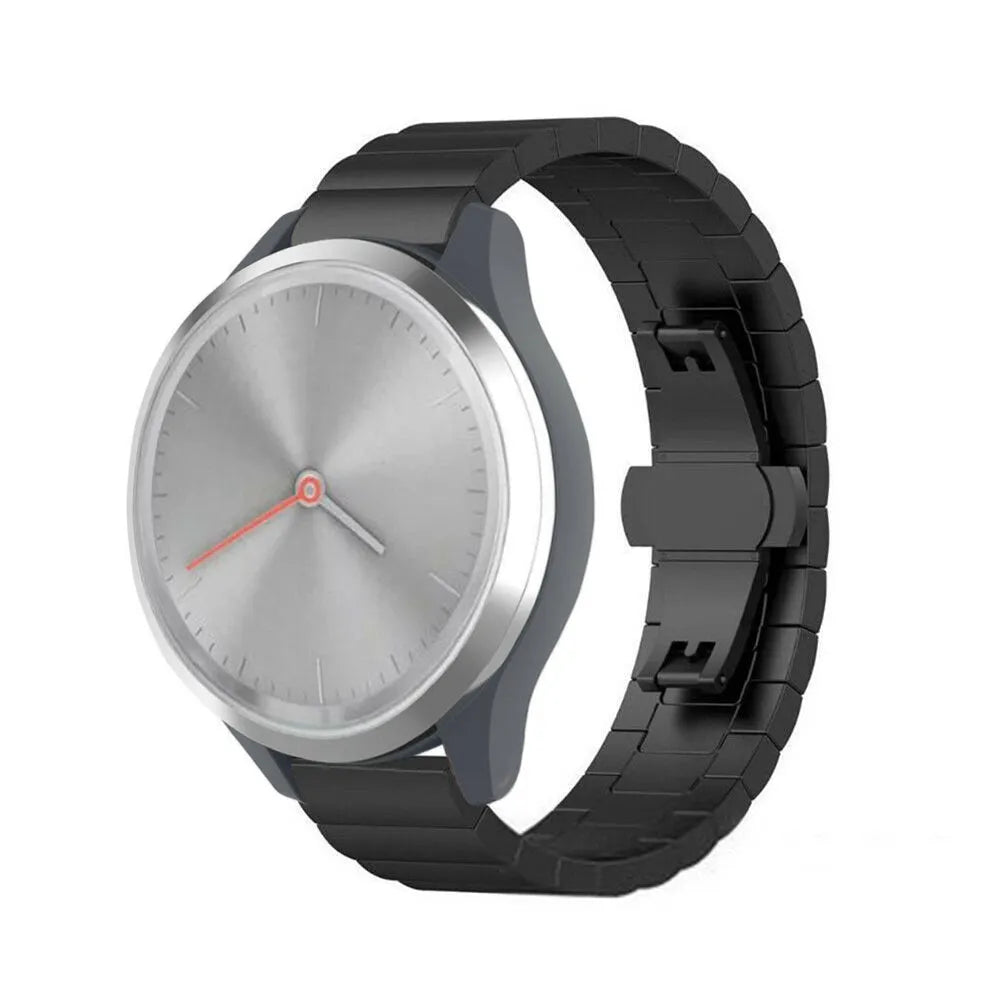 Metal Strap, black, on a watch, 3/4 front view