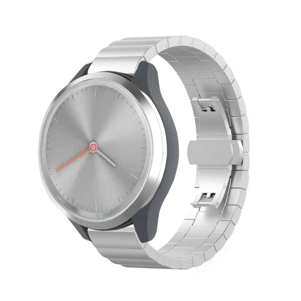 Metal Strap, silver, on a watch, 3/4 front view