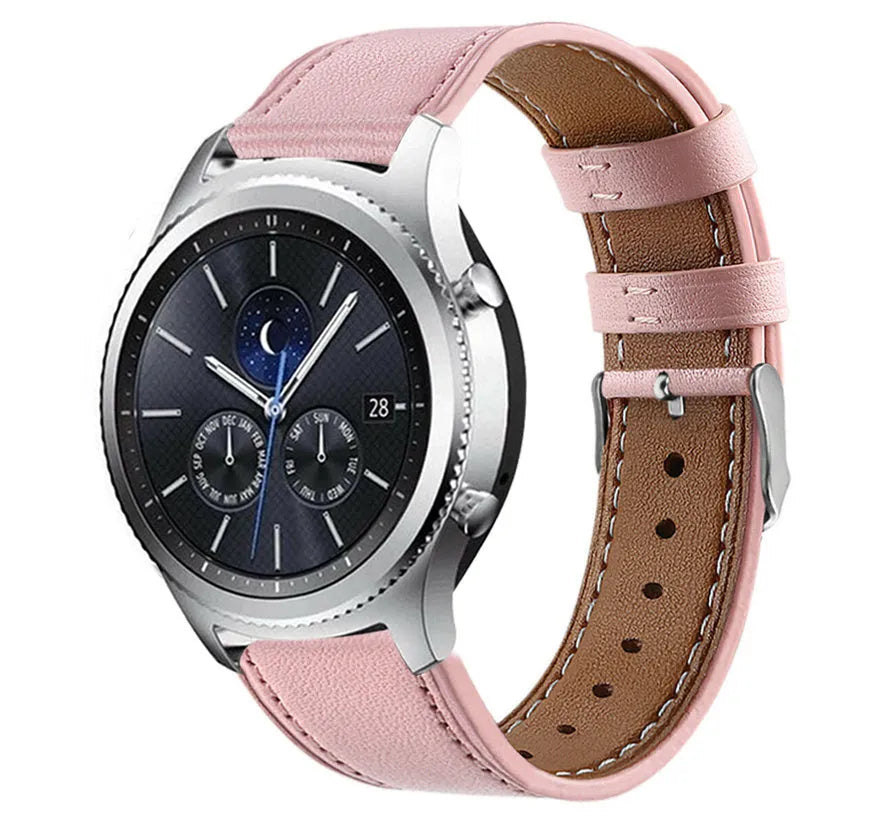 Modern Leather Strap, pink, on a watch, 3/4 front view