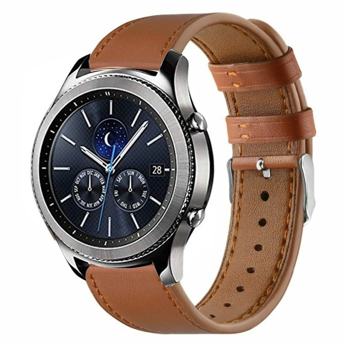 Modern Leather Strap, brown, on a watch, 3/4 front view