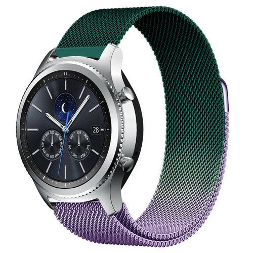 Milanese Strap, purple/green, on a watch, 3/4 front view