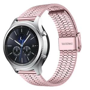 Fine Steel Strap, pink, on a watch, 3/4 front view