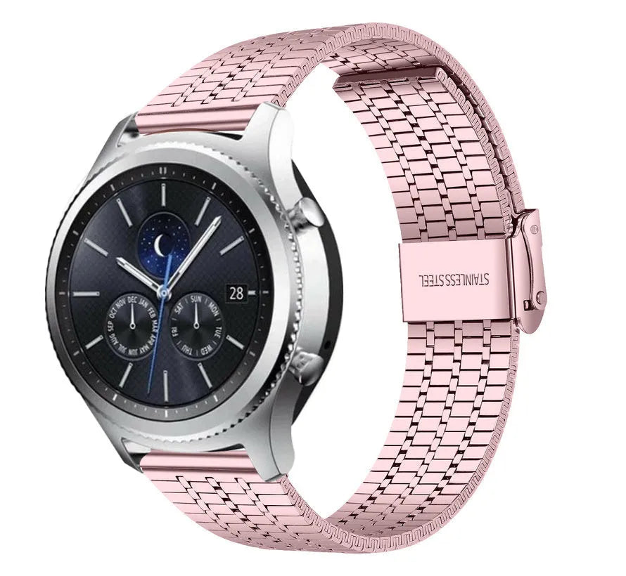 Fine Steel Strap, pink, on a watch, 3/4 front view