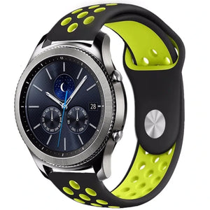 Silicone Sport Strap, black/yellow, on a watch, 3/4 front view