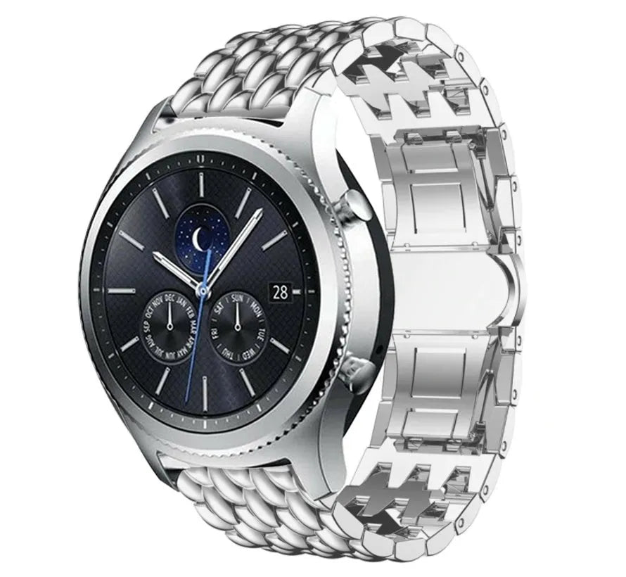 Steel Dragon Strap, silver, on a watch, 3/4 front view