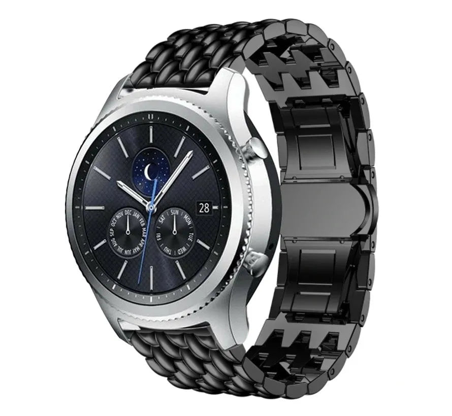 Steel Dragon Strap, black, on a watch, 3/4 front view