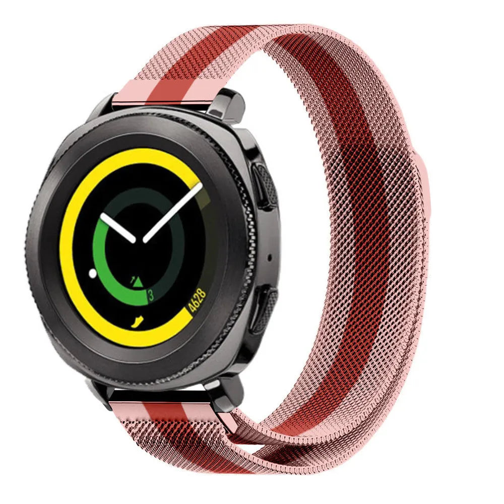 Milanese Strap, red/pink, on a watch, 3/4 front view