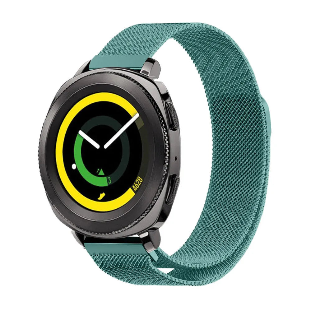 Milanese Strap, green, on a watch, 3/4 front view