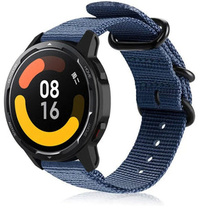 Nylon Buckle Strap, blue, on a watch, 3/4 front view