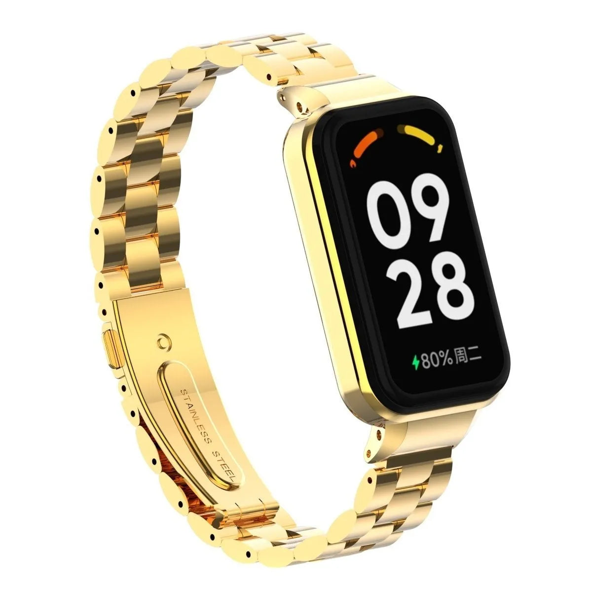 Steel Strap, gold, on a watch, 3/4 front view