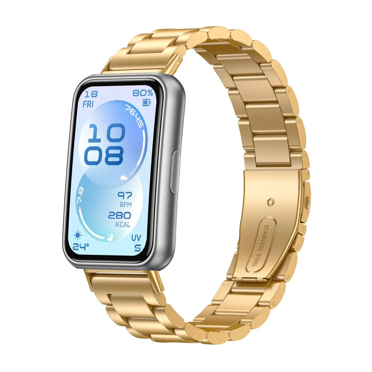 Steel Strap, gold, on a watch, 3/4 front view