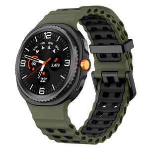 Silicone Ocean Strap, olive green/black, on a watch, 3/4 front view