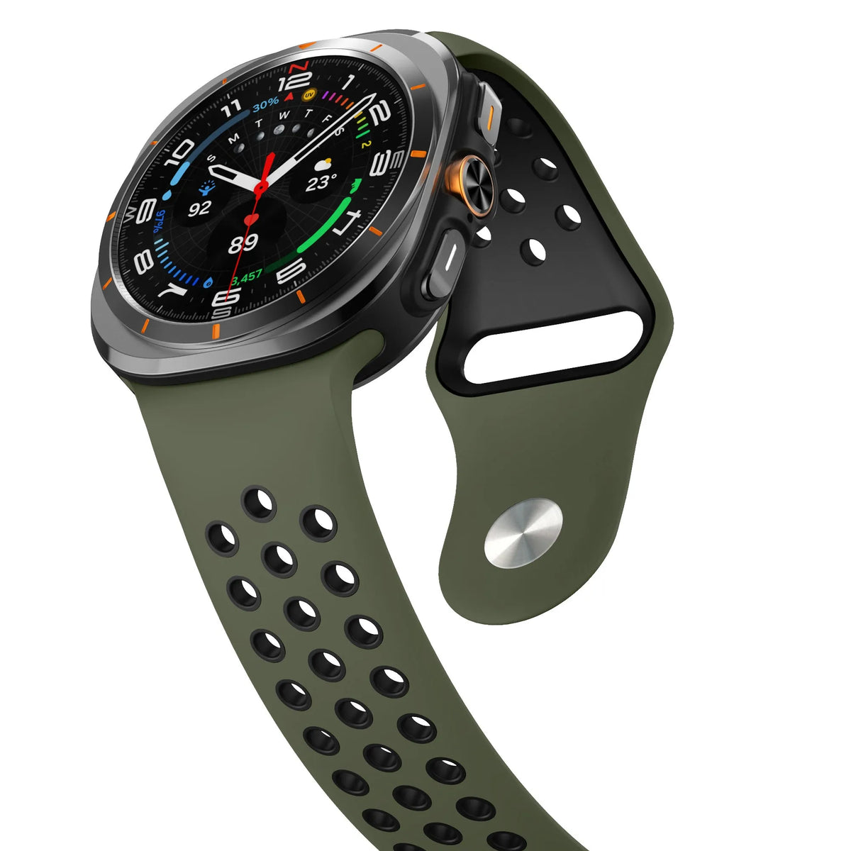 Silicone Sport Strap, army green/black, on a watch, 3/4 front view