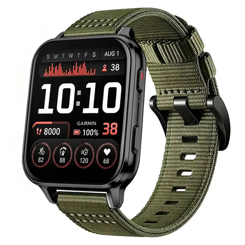 Nylon Buckle Strap, green, on a watch, 3/4 front view