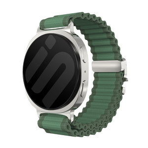 Outdoor Nylon Strap with P-Buckle, green with silver, on a watch, 3/4 front view