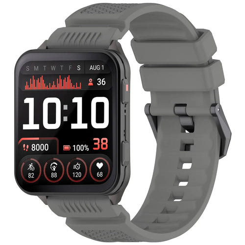 Silicone Strap, grey, on a watch, 3/4 front view