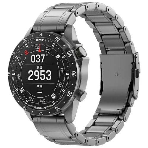 Premium Titanium Strap, graphite, on a watch, 3/4 front view