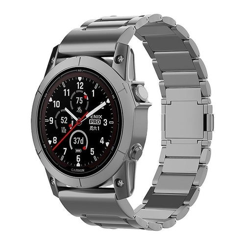 Magnetic Titanium Strap, graphite, on a watch, 3/4 front view