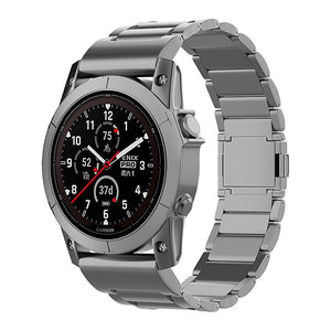 Magnetic Titanium Strap, graphite, on a watch, 3/4 front view