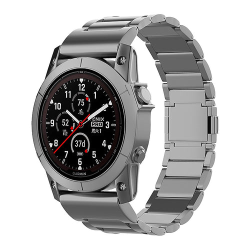Magnetic Titanium Strap, graphite, on a watch, 3/4 front view