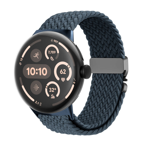 Nylon Braided Strap P-Buckle, grey-blue, on a watch, 3/4 front view