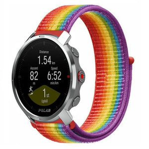 Nylon Strap, rainbow, on a watch, 3/4 front view