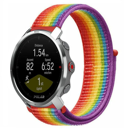Nylon Strap, rainbow, on a watch, 3/4 front view