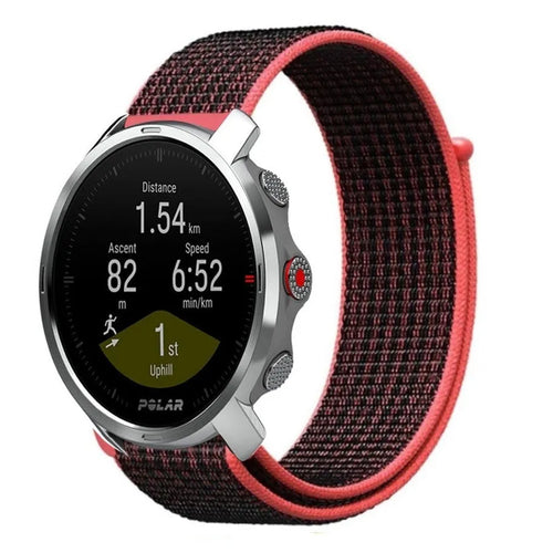 Nylon Strap, black/coral, on a watch, 3/4 front view