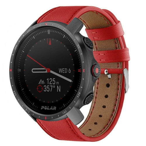 Modern Leather Strap, red, on a watch, 3/4 front view