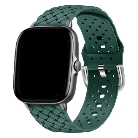 Braided Silicone Strap, dark green, on a watch, 3/4 front view