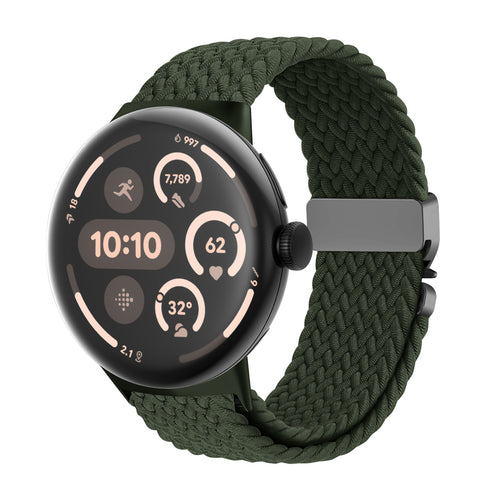 Nylon Braided Strap P-Buckle, green, on a watch, 3/4 front view