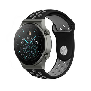 Silicone Sport Strap, black/grey, on a watch, 3/4 front view
