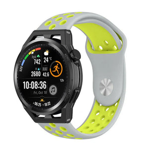 Silicone Sport Strap, grey/yellow, on a watch, 3/4 front view