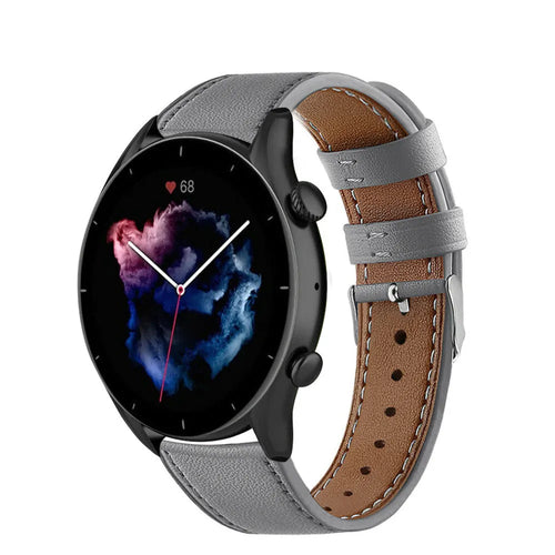 Modern Leather Strap, grey, on a watch, 3/4 front view